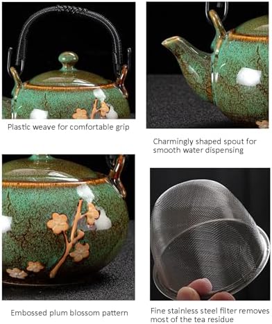 KEYDUACU Japanese Tea Set, Kiln-Formed Ceramic Tea Set, Plum Blossom Embossed, Includes 1 Teapot, 6 Teacups,Tea Tray,Strainer, Used for home, outdoor, gift, Chinese Kung Fu Tea Set(FDMH-GREEN) - Image 4