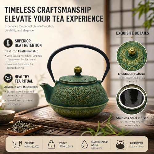 30.4oz Small Cast Iron Tea Kettle Teapot for Stovetop,Green Tea Pot - Image 4