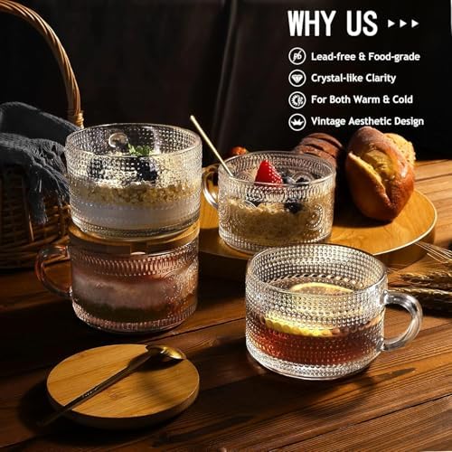 2 Pcs 420 ml Vintage Coffee Mugs, Overnight Oats Containers with Handle, Bamboo Lids and Spoons-Embossed Glass Cups Ideal for Cappuccino, Latte, Cereal, Yogurt, Hot or Cold Beverages - Image 5