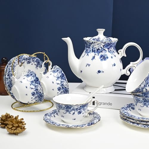 Bone China Tea Set for Adults, 13-Piece Blue and White Porcelain Tea Set for 4, Vintage Floral Tea Set With Teapot and Teaspoons, Tea Party Sets for Women Gift (Blue C) - Image 2