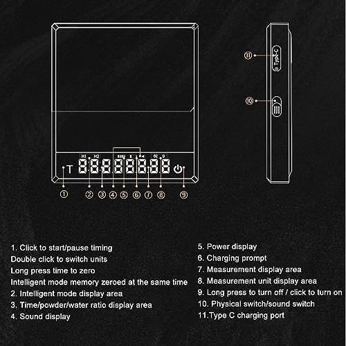 Digital Kitchen Scale, Rechargeable Mini Coffee Scale with Timer Type C Charging Touch Control for Pour Over French Press Kitchen Use (Black) - Image 3