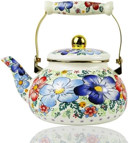 Floral Enamel Tea Kettle Blue Vintage Teapot Stovetop for Stove Boho Bohemain Hot Water Coffee Kettle Pot 2.5L Tea Pot with Ceramic Handle Kitchen Home Decor by Leebright