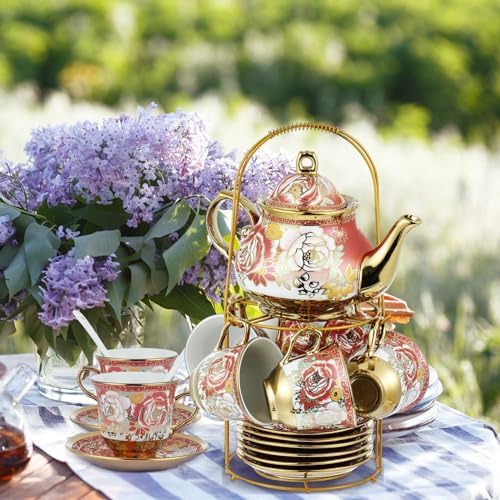 Zhehao 20 Pcs Porcelain Tea Set for Adult, with Metal Holder, Noble - Image 4
