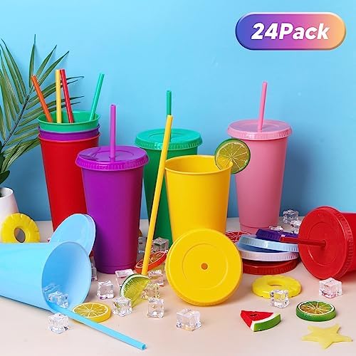 24 Pack Plastic Tumblers with Lids and Straw, Reusable Cups with Lids and Straws Colorful Cups for Cold Drink Iced Coffee, Plastic Tumbler Bulk for Party Birthday Gifts (24 oz, Stylish Colors) - Image 4
