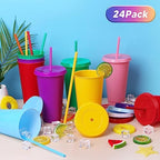 24 Pack Plastic Tumblers with Lids and Straw, Reusable Cups with Lids and Straws Colorful Cups for Cold Drink Iced Coffee, Plastic Tumbler Bulk for Party Birthday Gifts (24 oz, Stylish Colors) - Image 4