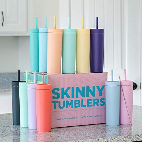 STRATA CUPS Multicolor Skinny Tumblers with Lids and Straws (12 pack) - 16oz Double Wall Acrylic Tumbler, Tall Matte Skinny Tumblers, Bulk with Free Straw Cleaner, Reusable Cups - Image 6