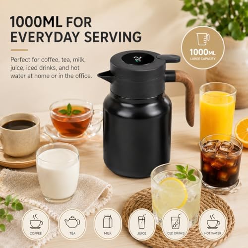 Insulated Coffee Carafe 1000ml, Thermal Coffee Carafe with Temperature Display and Tea Infuser, Carafe for Hot Water, Coffee, Milk, Juice, Office, Travel, Camping (Matte Black) - Image 7
