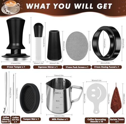 Y-Step 25 PCS Espresso Accessories Kit, Espresso Tamper Kit Coffee Tamper Set, 51mm Espresso Tamper with Spring Loaded Calibrated, 51mm Espresso Puck Screen and Dosing Funnel, WDT Tool, Latte Art Kit - Image 2