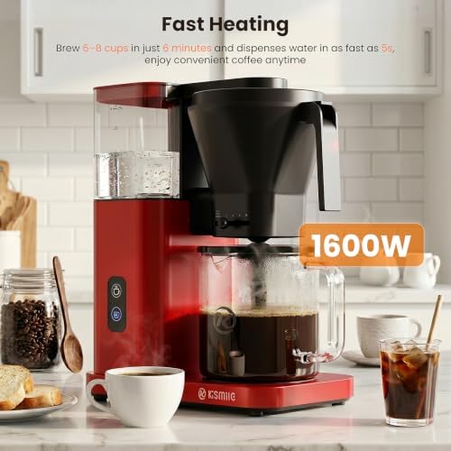 Kismile SCA Certified 8-Cup Coffee Maker, 6-Min Quick Brew, Hot & Cold Brew Coffee Machine, Adjustable Flow Control, Magnetic Anti-Drip, Keep Warm, DIY Manual Mode, Dishwasher Safe, Red - Image 4