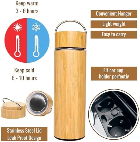 Bamboo Water Bottle Insulated Tea Tumbler for Men Birthday Gift, Women Travel Tea Set with Diffuser for Loose Tea Leaves, Stainless Steel Leak Proof Gift for Mom (15 oz) - Image 2