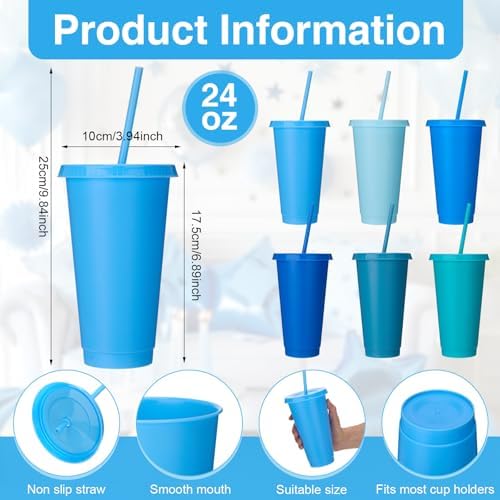Honeydak 30 Pack Plastic Cups with Lids Straws,Gradient Blue Color - Image 3