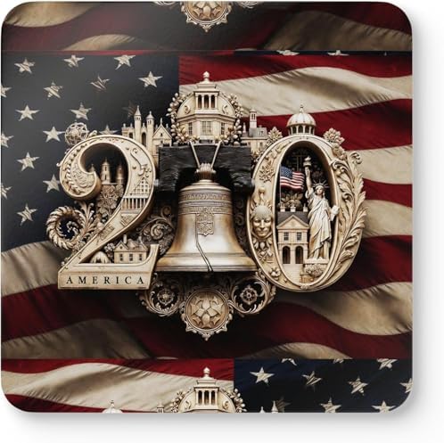 America 250th Cork Coasters Set of 4, Patriotic 4th of July Drink Coasters, USA 250th Anniversary American Flag Liberty Bell Decor, Gift (Gold Liberty, 3.75" x 3.75") by PinUpHeaven