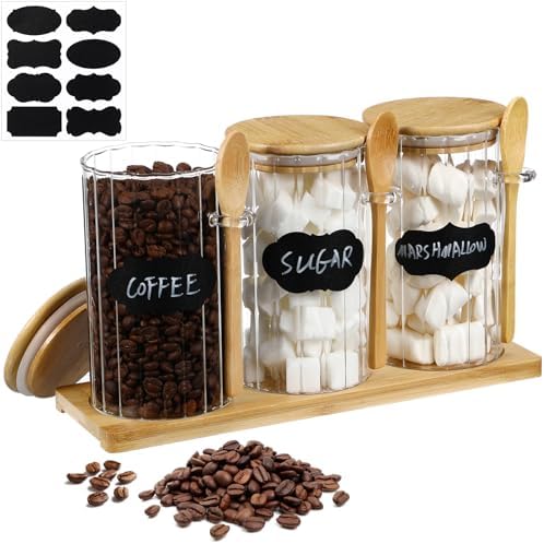 Set of 3 Glass Coffee Container with Bamboo Lids Spoons Labels 25 oz Clear Airtight Jar Food Storage Canister Set for Coffee Tea Sugar Decorative Countertop Organization Jars(Light Wood) - Image 2