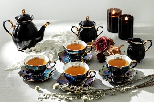 Halloween Goth Tea Set, Black Gold Scallop Teapot, Black Gold Scallop Sugar Creamer, 4 Ouija Board Black Gold Luster Tea Cup and Saucer Sets - Image 2