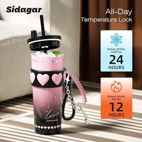 24 oz Ceramic Lined Insulated Stainless Steel Tumbler, Pink&Black - Image 5