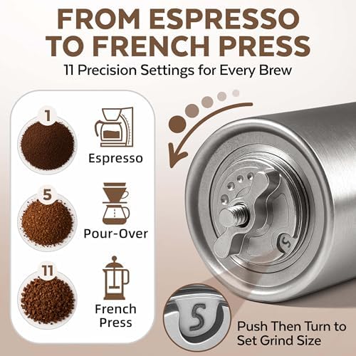 ZaksCoffee Manual Coffee Grinder Stainless Steel Core – Hand Coffee Grinder with 11 Adjustable Settings, Durable Handle and Knob, Portable and Quiet Design for Travel or Home Brewing - Image 4