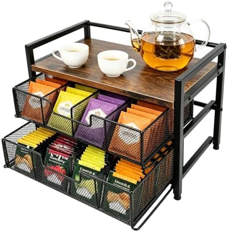 Double Drawer Tea Bag Organizer, 16-Compartment Wooden Tea Box by Unknown