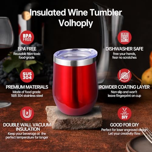 Volhoply 12oz Stainless Steel Wine Tumbler with Lid Bulk 8 Pack,Double Wall Vacuum Stemless Wine Glasses,Reusable Metal Travel Coffe Mug with Straw,Insulated Cups Gifts for Women,Christmas（Mix,8 Set） - Image 3