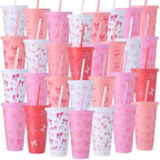 Honeydak 30 Pcs 24 oz Pink Bow Plastic Tumbler with Straw and Lids Bulk by Honeydak