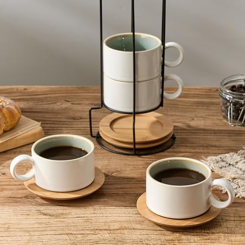 LUKA 6 Ounce Porcelain Stackable Espresso Cups with Saucers and Metal Stand Set of 4, Ceramic Cappuccino Cups Set for Specialty Coffee Drinks, Latte, Cafe Mocha and Tea, White Green Interior - Image 6
