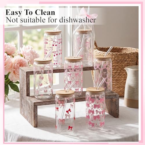 Mumufy 16 Sets Pink Bow Cute Glass Cups Bulk with Lids Straws, 16 Oz - Image 6