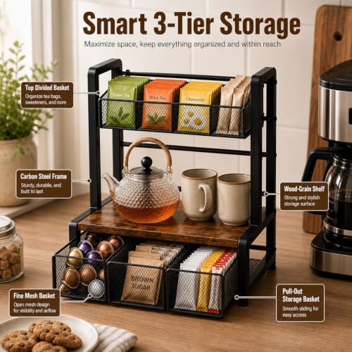 Tea Bag Organizer 3-Tier Tea Organizer with Drawer, Tea Station Caddy - Image 2
