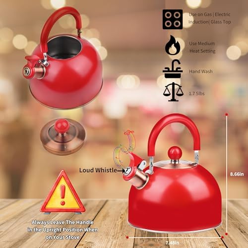 2.6 Quart Red Whistling Tea Kettle for Stovetop, Stainless Steel Teapot with Cool-Touch Handle, Loud Whistle, Wide Base, Gas Electric Induction Compatible - Image 2