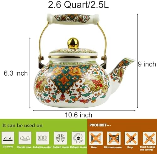 Enamel Tea Kettle 2.5L Vintage Gold Floral Stovetop Teapot Non-Whistling - Image 2