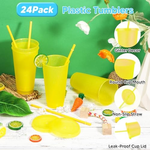24 Pack Plastic Tumblers with Lids and Straws, Reusable Colorful Cups for Parties, Birthdays, Iced Coffee, Travel, Cold Drink Bulk Tumblers (24 oz, Yellow) - Image 3