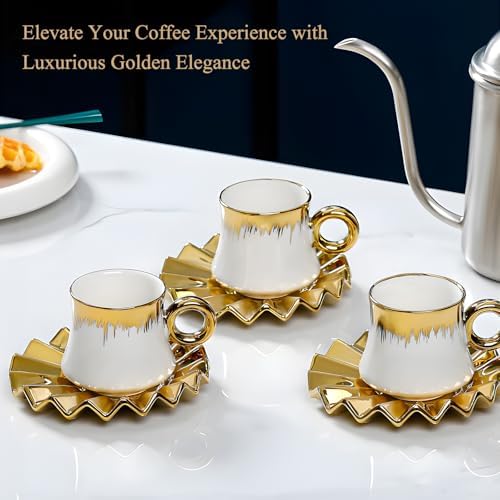 3.5oz Ceramic Turkish Coffee Cup Set of 6, Porcelain Espresso Cups and Saucers British Italian Cappuccino Cups with Gold Trim for Double Espresso Cappuccino Latte Mocha Tea (White) - Image 5
