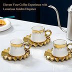 3.5oz Ceramic Turkish Coffee Cup Set of 6, Porcelain Espresso Cups and Saucers British Italian Cappuccino Cups with Gold Trim for Double Espresso Cappuccino Latte Mocha Tea (White) - Image 5