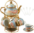20Pcs Porcelain Tea Set for Adults, European Ceramic Tea Set Flower Ceramic Tea Cups, Teapot, & Saucers with Metal Holder for Women Tea Party (Blue) by Kytree