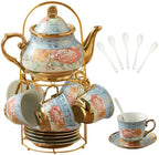 20Pcs Porcelain Tea Set for Adults, European Ceramic Tea Set Flower Ceramic Tea Cups, Teapot, & Saucers with Metal Holder for Women Tea Party (Blue) by Kytree