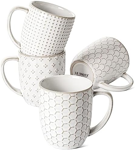 LE TAUCI Coffee Mugs 12 oz, Ceramic Mug Set Set of 4, Embossment Cups for Espresso, Latte, Tea, Cocoa, Cappuccino & Mocha, Dishwasher Oven Microwave Safe - 3.4 inch, Arctic White by LETAUCI