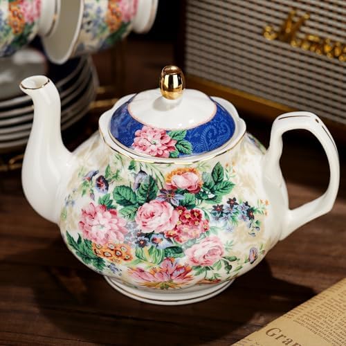 fanquare 21-Piece Blue Lace Porcelain Tea Set, China Coffee Cup and Saucer Set for 6, Pink Flower Tea Sets for Adults Women - Image 4