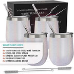 CHILLOUT LIFE 12 oz Stainless Steel Wine Tumblers 4 Pack - Double Wall Vacuum Insulated Wine Glasses Cups with Lids and Straws Set Keeping Cold & Hot for Coffee, Beer, Ice Cream - Holographic Glitter - Image 4