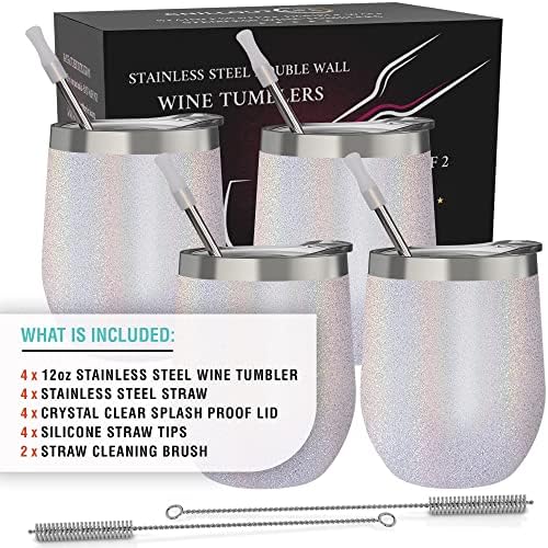 CHILLOUT LIFE 12 oz Stainless Steel Wine Tumblers 4 Pack - Double Wall Vacuum Insulated Wine Glasses Cups with Lids and Straws Set Keeping Cold & Hot for Coffee, Beer, Ice Cream - Holographic Glitter - Image 4