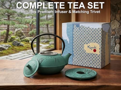 85 Oz XXL Green Bamboo Cast Iron Teapot, Enamel Interior, Infuser & Trivet - Image 3
