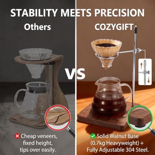 Pour Over Coffee Maker Stand with Solid Cherry Base, Stainless Steel Adjustable Dripper Holder, Wooden Brewing Station, Cone Brewer Rack, Barista Accessories & Kitchen Coffee Décor - Image 7
