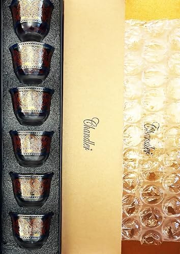 Chandler Espresso Turkish Arabica Coffee Cup Assorted Design Available from Brand 70ml 2.5oz Set of 6 Cups with Gift Box (Glass, Red Blue Peacock Feather Decal G) - Image 5