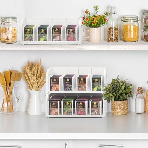 Bamboo Tea Bag Organizer, 3-Tier Tea Bag Holder Storage Organizer, Stackable Tea Packet Rack/Shelf, Tea Station Stand with Acrylic Partition for Counter, Cabinet and Pantry-White - Image 2