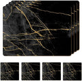 Set of 4 Heat Resistant Cork Placemats for Dining Table with Free Set of 4 Matching Drink Coasters Marble Design 16 x 12 Inches Cork Backed Hard Placemats (Black & Gold) by Moderry