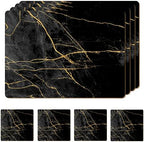 Set of 4 Heat Resistant Cork Placemats for Dining Table with Free Set of 4 Matching Drink Coasters Marble Design 16 x 12 Inches Cork Backed Hard Placemats (Black & Gold) by Moderry
