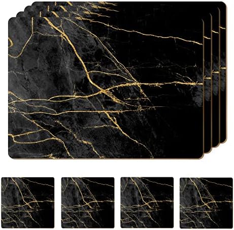 Set of 4 Heat Resistant Cork Placemats for Dining Table with Free Set of 4 Matching Drink Coasters Marble Design 16 x 12 Inches Cork Backed Hard Placemats (Black & Gold) by Moderry
