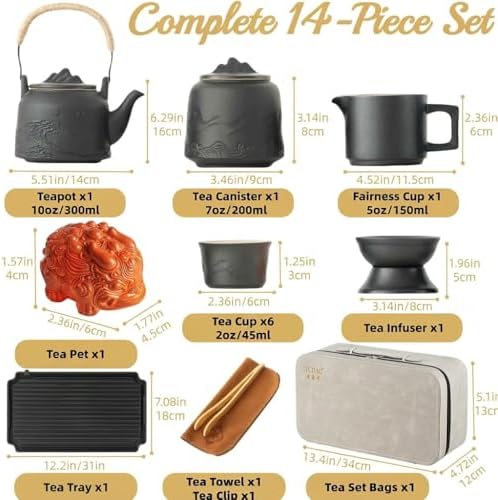ICHAG Chinese Tea Set, Japanese Tea Sets for Adults, 15-Piece Porcelain Gongfu Tea Set with Tea Pet & Tea Tray, Japanese Teapot Set, Travel Tea Party Set, for Home/Office/Outdoor/Gifts (Black) - Image 5