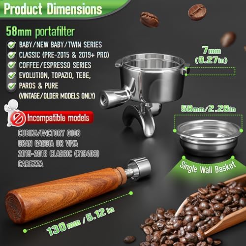 58mm Dual Spout Portafilter for Gaggia Baby Series & Classic (Pre-2015/Pro 2019+) | Not 2015-2018 | Rosewood Handle & Steel Basket - Image 2
