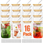 ASKIZ 16Pcs Glass Cups With Bamboo Lids and Straws,16Oz Ice Coffee Cup,Drinking Glasses Cups Set,Water Bottles Glasses for Juicing,Beer,Coffee,Soda,Tea-Glass Tumbler Reusable for Gifts by ASKIZ