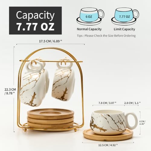 LUKA 7.77 oz Ceramic Cappuccino Cups with Bamboo Saucers and Metal Stand, Set of 4 Large Elegant Porcelain Coffee Cup for Latte, Cafe Mocha, Tea, Espresso, Dishwasher Safe, Marbling White - Image 2