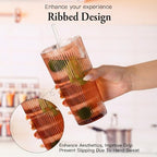 6PCS Brown Ribbed Glass Cups with Lids and Straws, 20oz Brown Vintage Drinking Glasses, Aesthetic Iced Coffee Cups, Glass Tumbler for Boba, Beer, Tea, Cocktails, Venus Ribbed Glassware Set (Venus-6) - Image 3