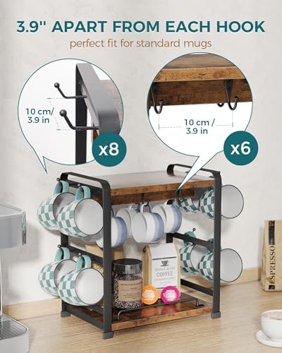 OROPY Coffee Mug Holder Countertop, Mug Rack 2 Tier Shelf & 14 Mug Hooks - Image 3